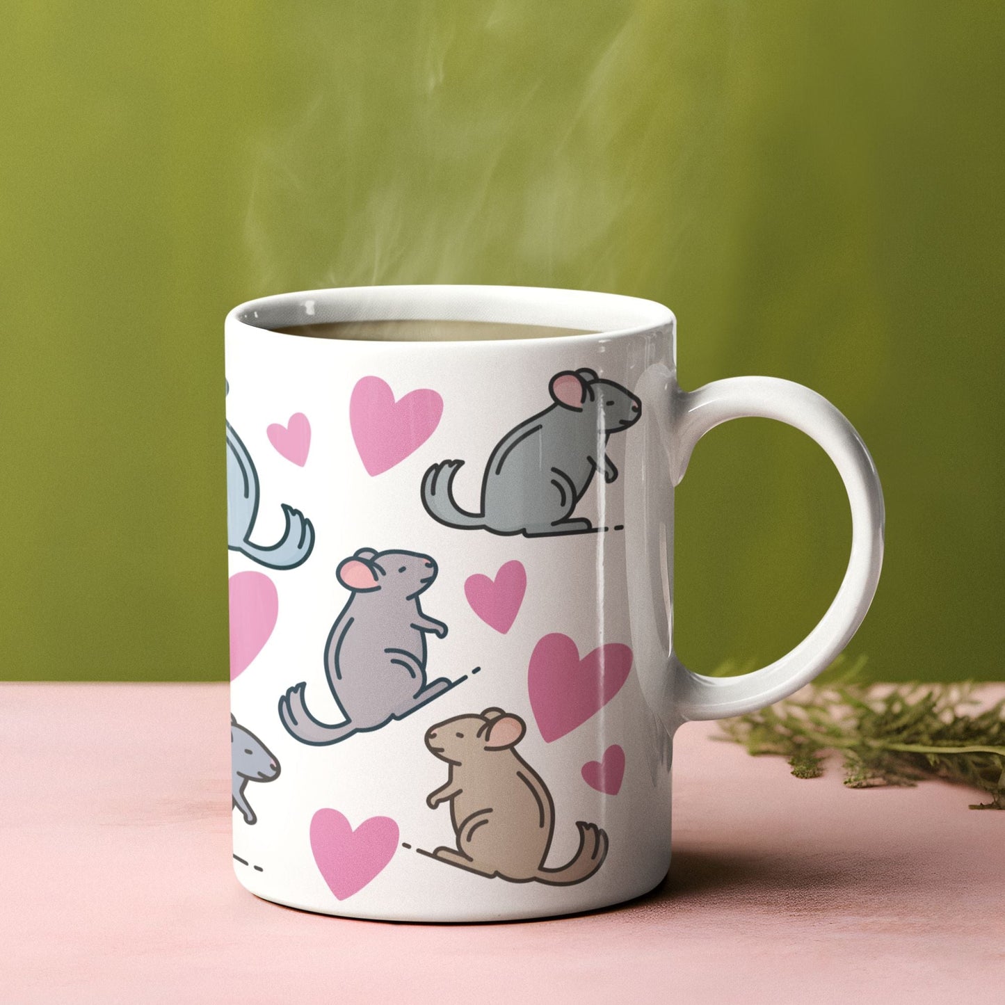 Chinchillas and Pink Love Hearts Pattern Mug - 11oz/15oz Ceramic Coffee Cups