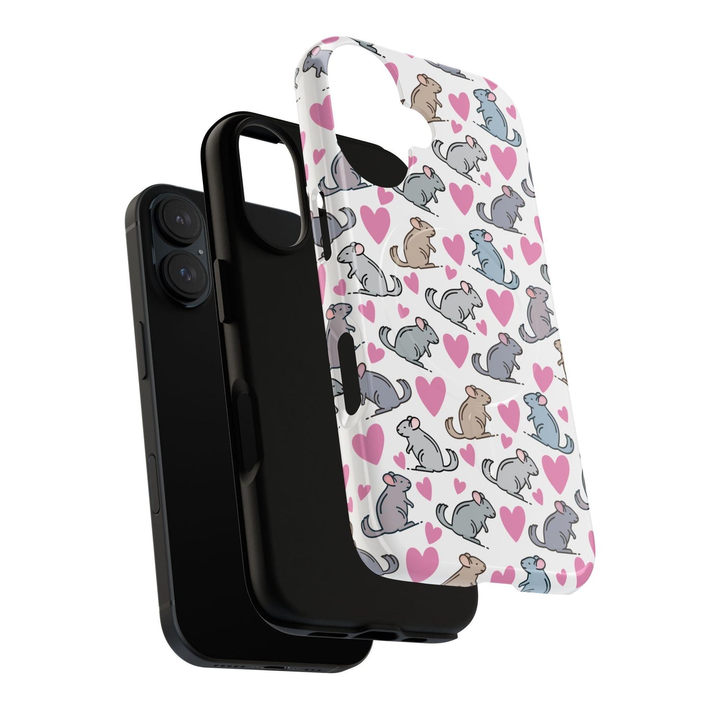 iPhone Magnetic Case - Pink Love Hearts and Chinchilla Illustrations