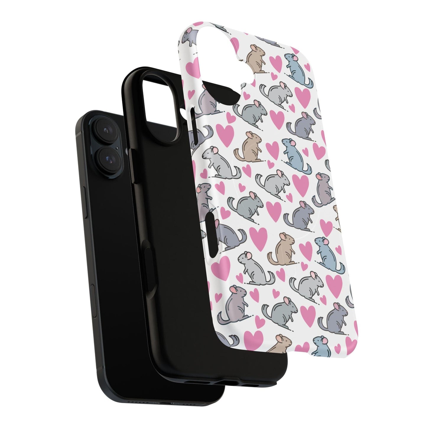 iPhone Magnetic Case - Pink Love Hearts and Chinchilla Illustrations