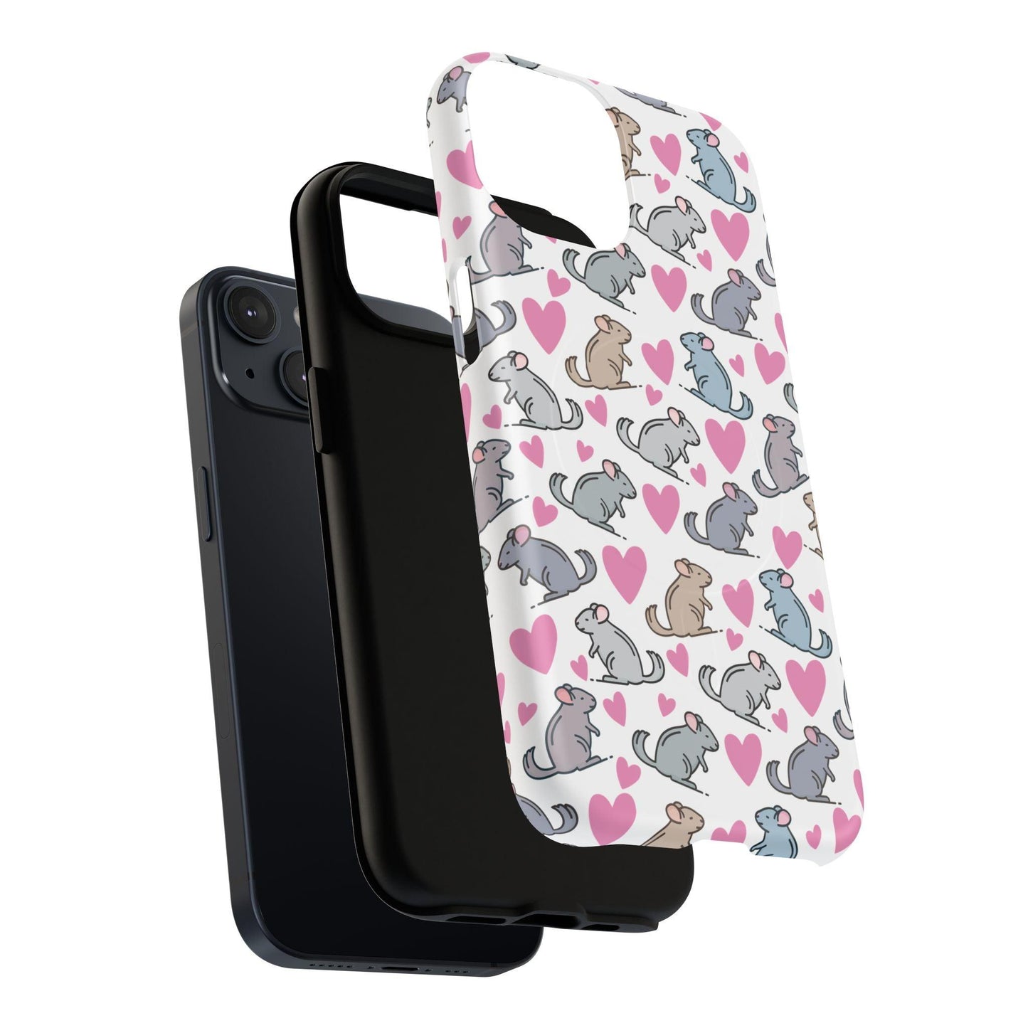 iPhone Magnetic Case - Pink Love Hearts and Chinchilla Illustrations