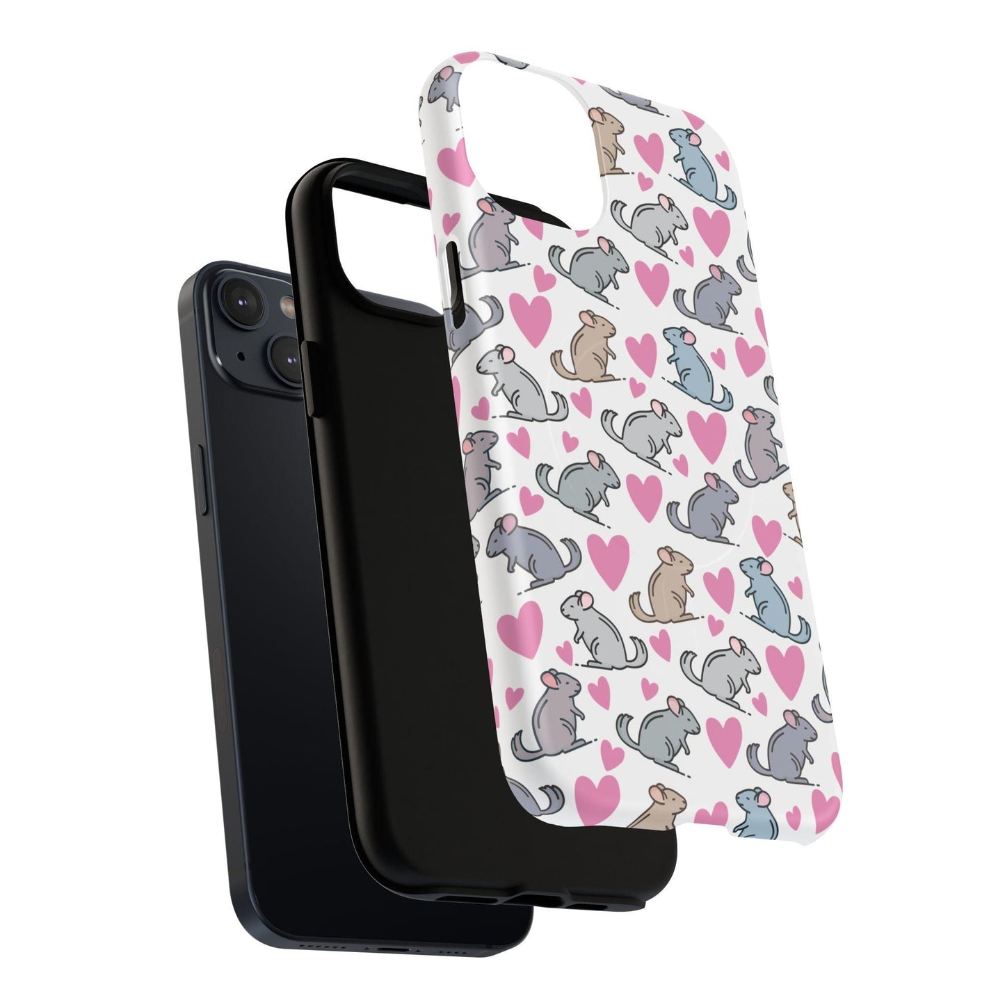 iPhone Magnetic Case - Pink Love Hearts and Chinchilla Illustrations