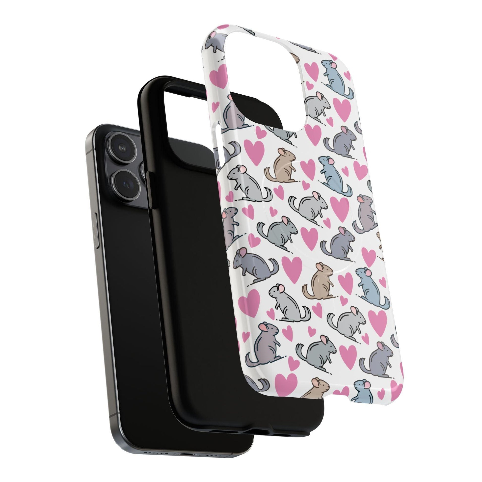 iPhone Magnetic Case - Pink Love Hearts and Chinchilla Illustrations