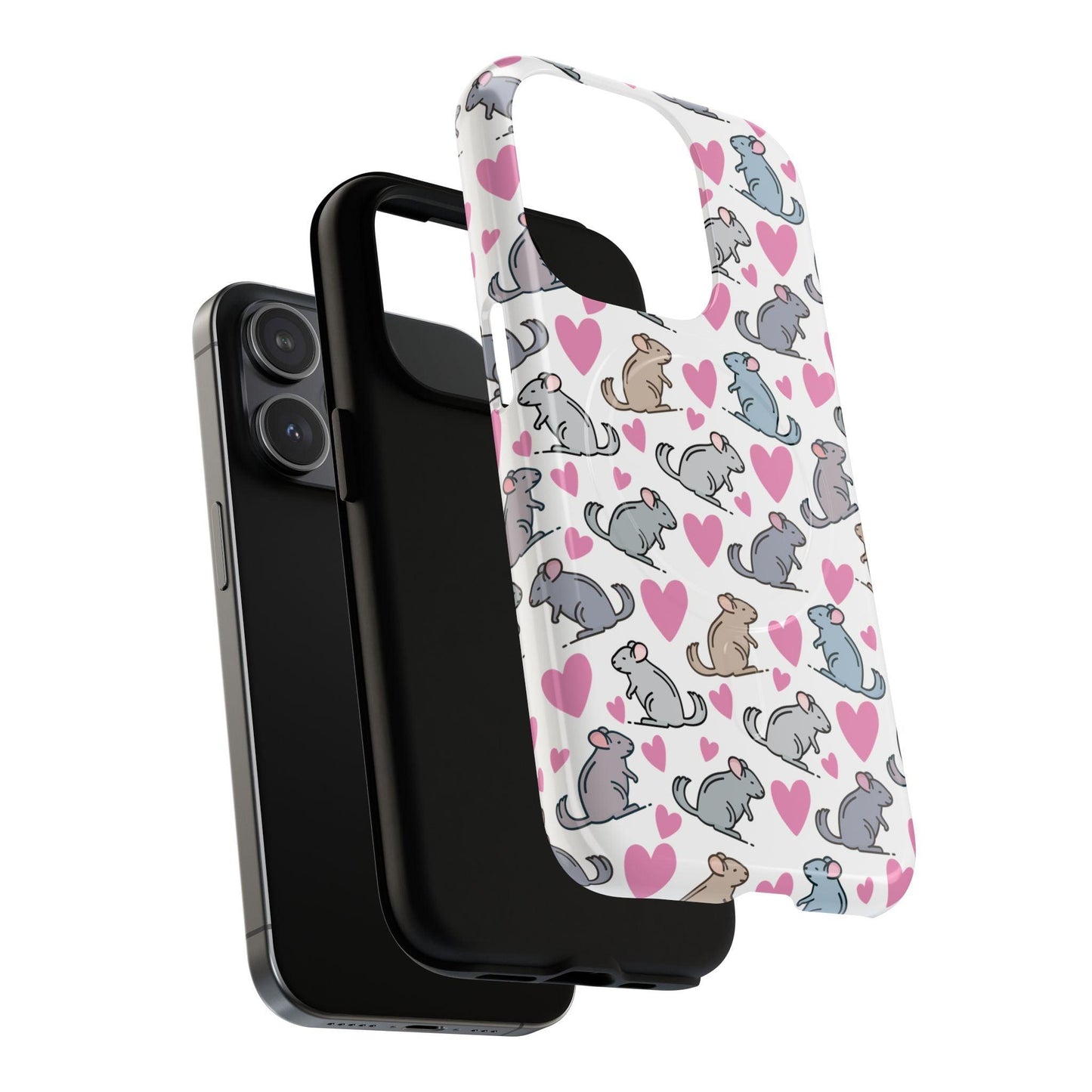 iPhone Magnetic Case - Pink Love Hearts and Chinchilla Illustrations