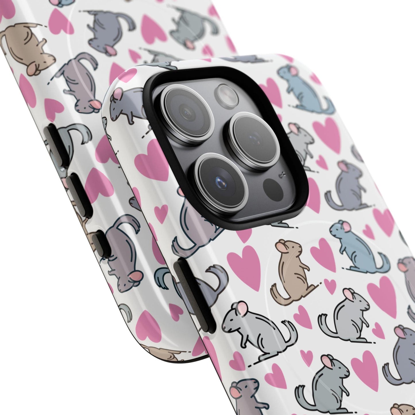 iPhone Magnetic Case - Pink Love Hearts and Chinchilla Illustrations