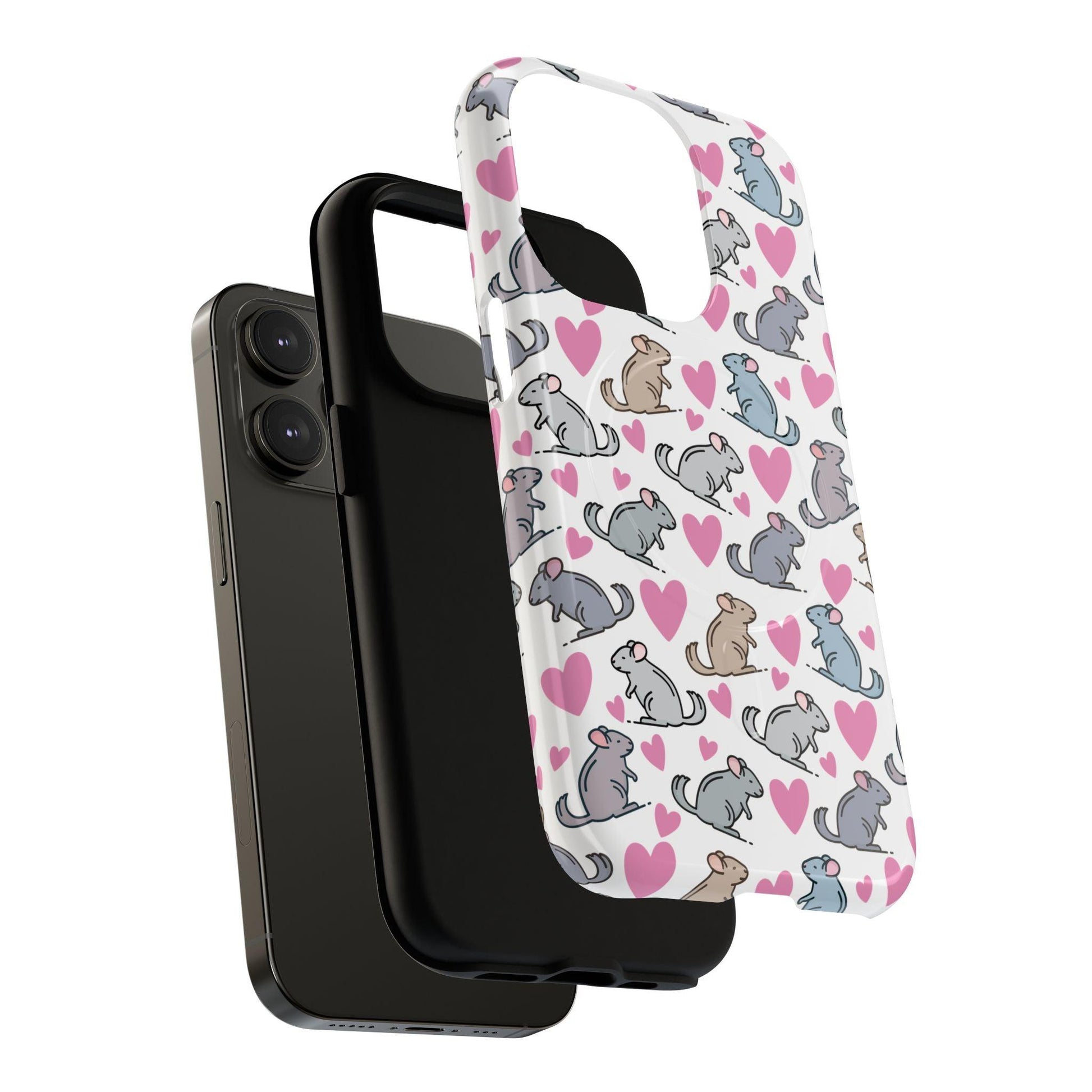 iPhone Magnetic Case - Pink Love Hearts and Chinchilla Illustrations