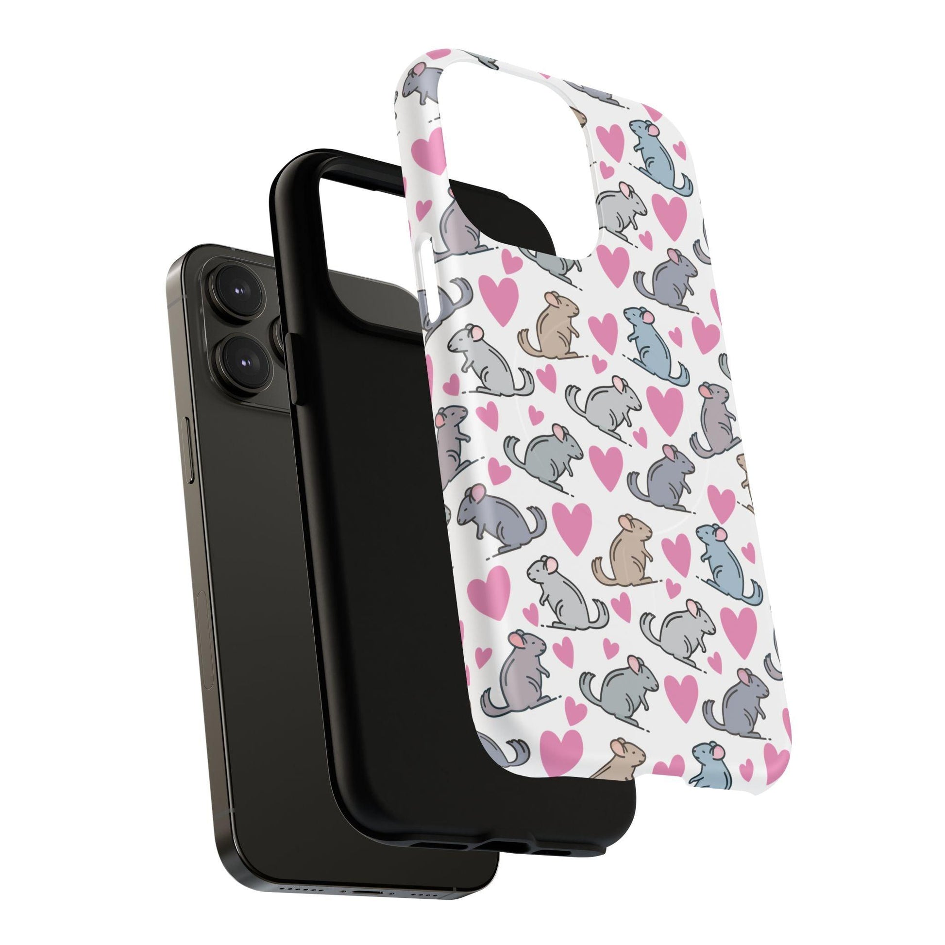 iPhone Magnetic Case - Pink Love Hearts and Chinchilla Illustrations