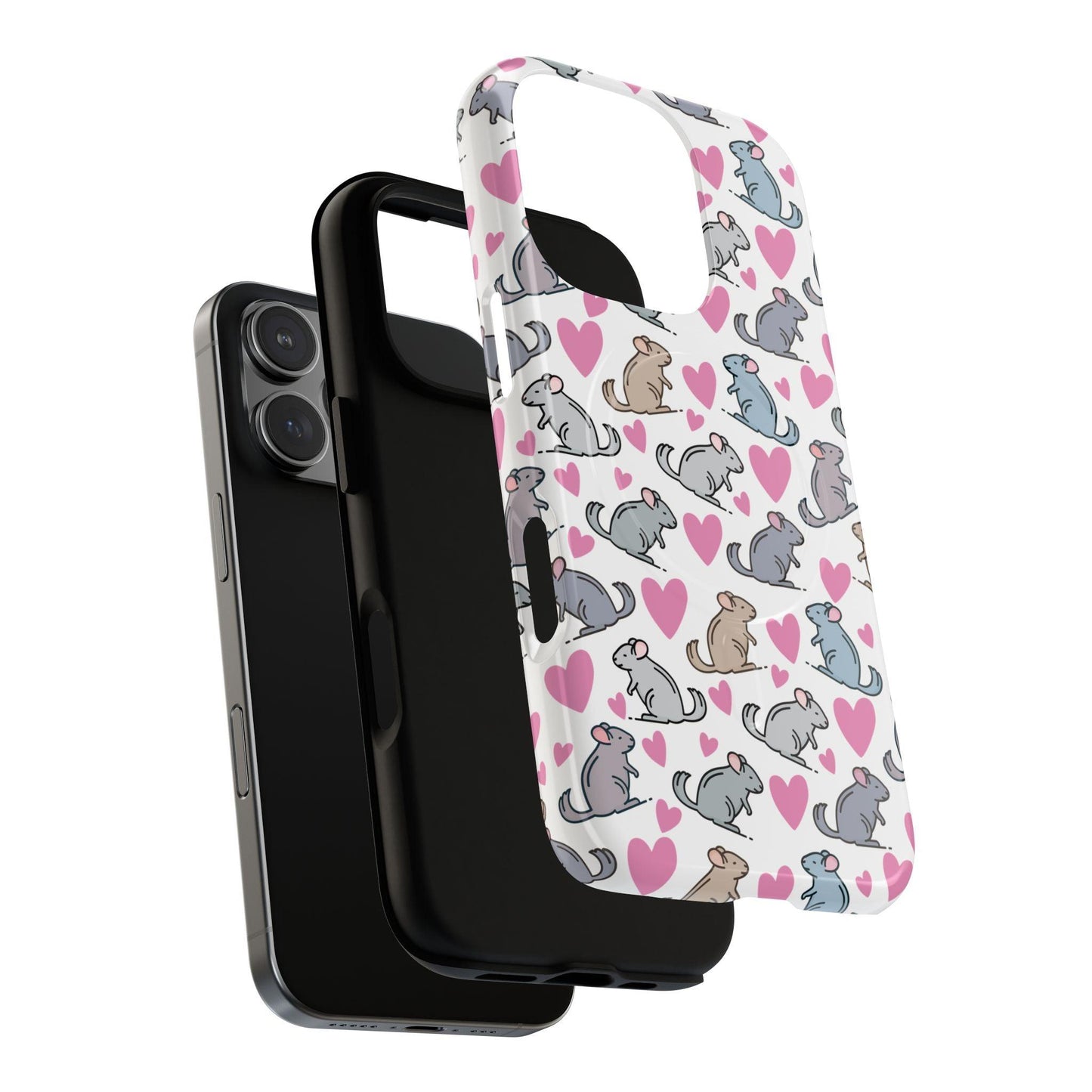 iPhone Magnetic Case - Pink Love Hearts and Chinchilla Illustrations