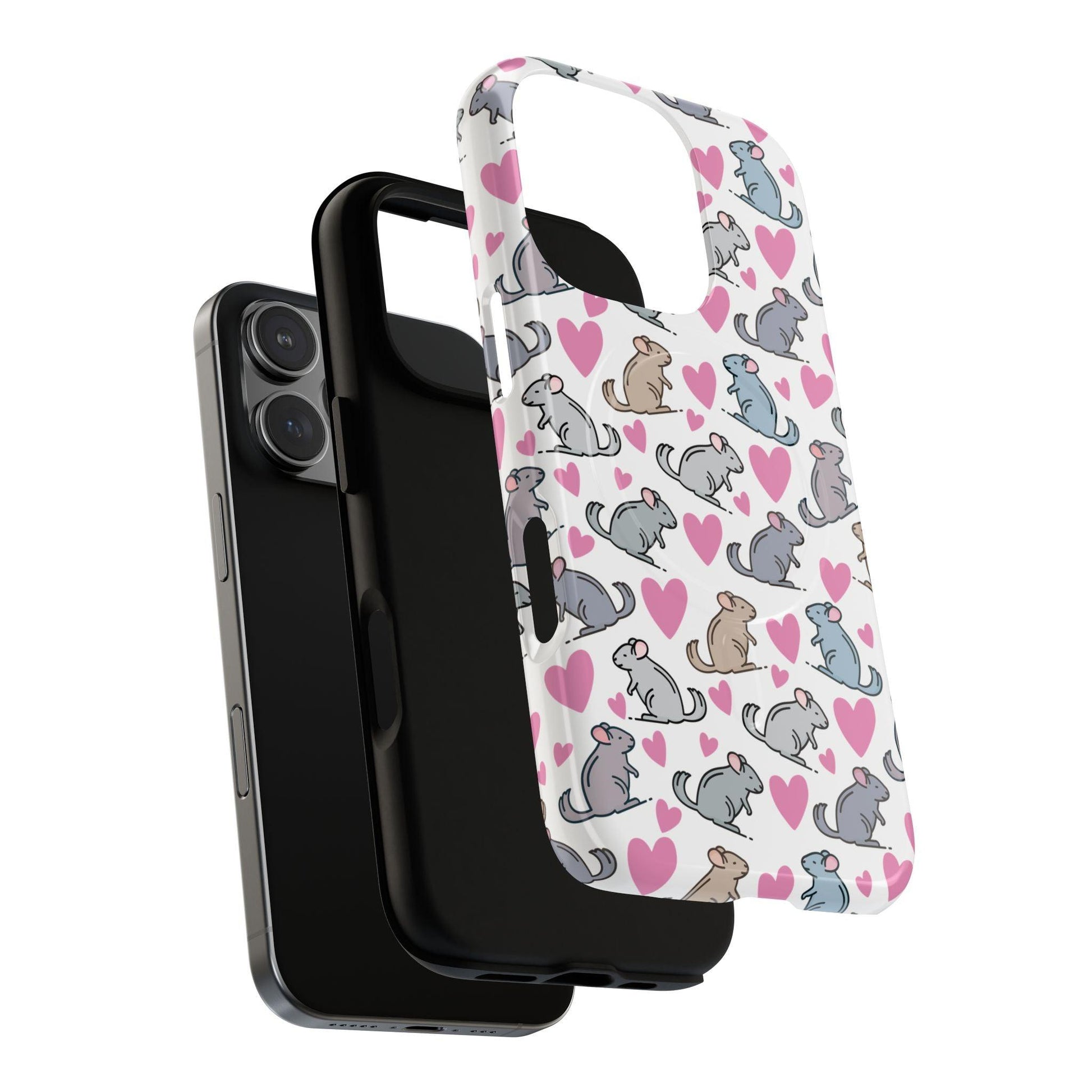 iPhone Magnetic Case - Pink Love Hearts and Chinchilla Illustrations