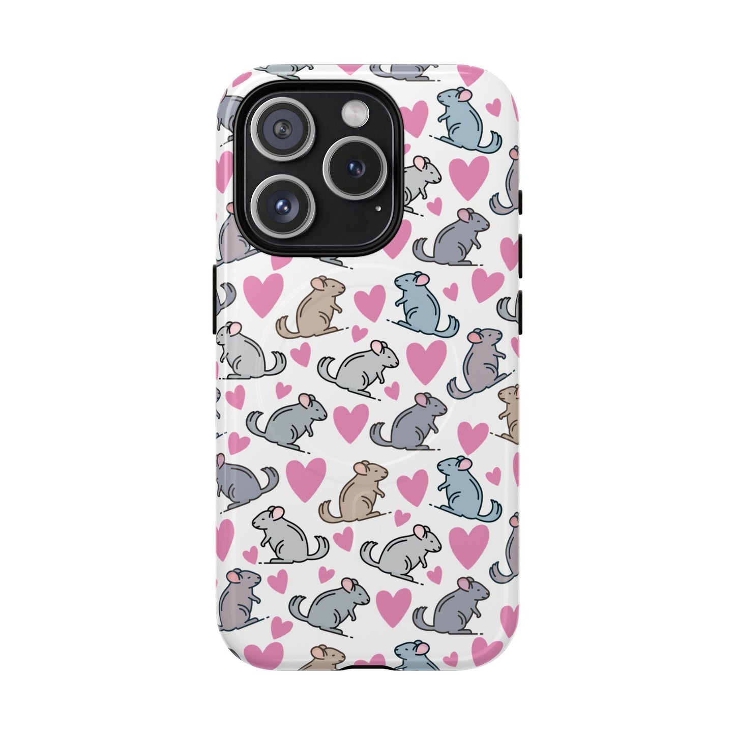 iPhone Magnetic Case - Pink Love Hearts and Chinchilla Illustrations