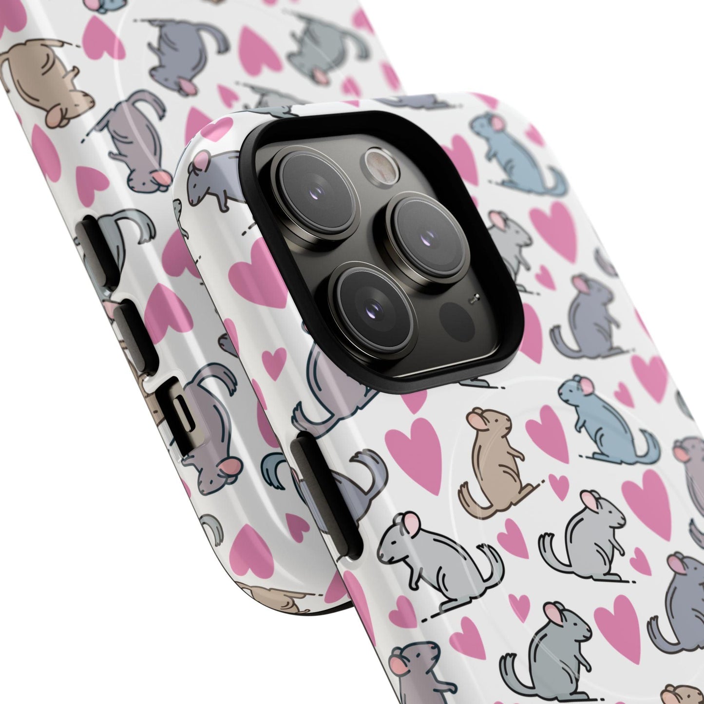 iPhone Magnetic Case - Pink Love Hearts and Chinchilla Illustrations