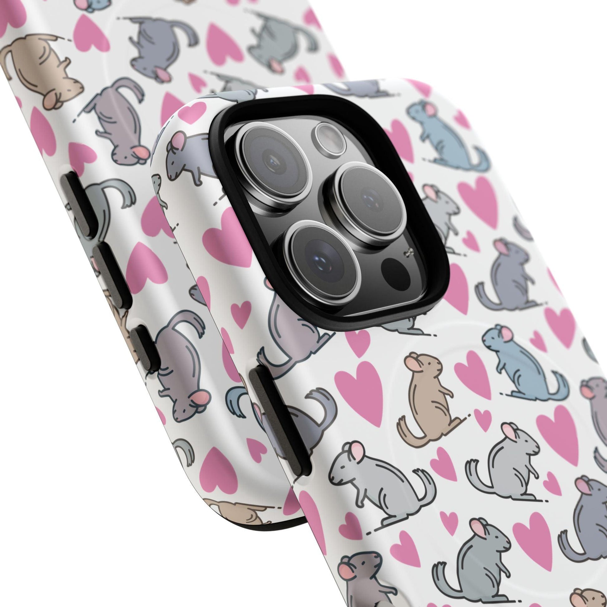 iPhone Magnetic Case - Pink Love Hearts and Chinchilla Illustrations