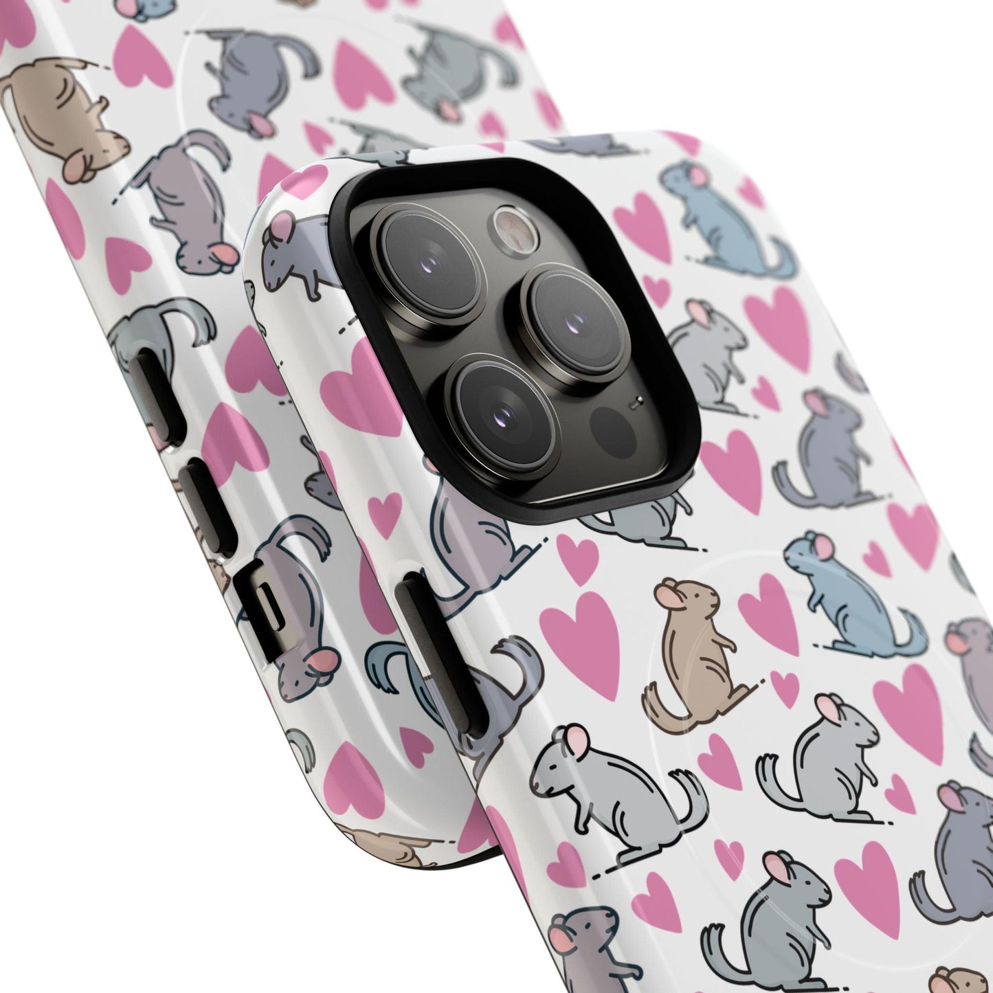 iPhone Magnetic Case - Pink Love Hearts and Chinchilla Illustrations