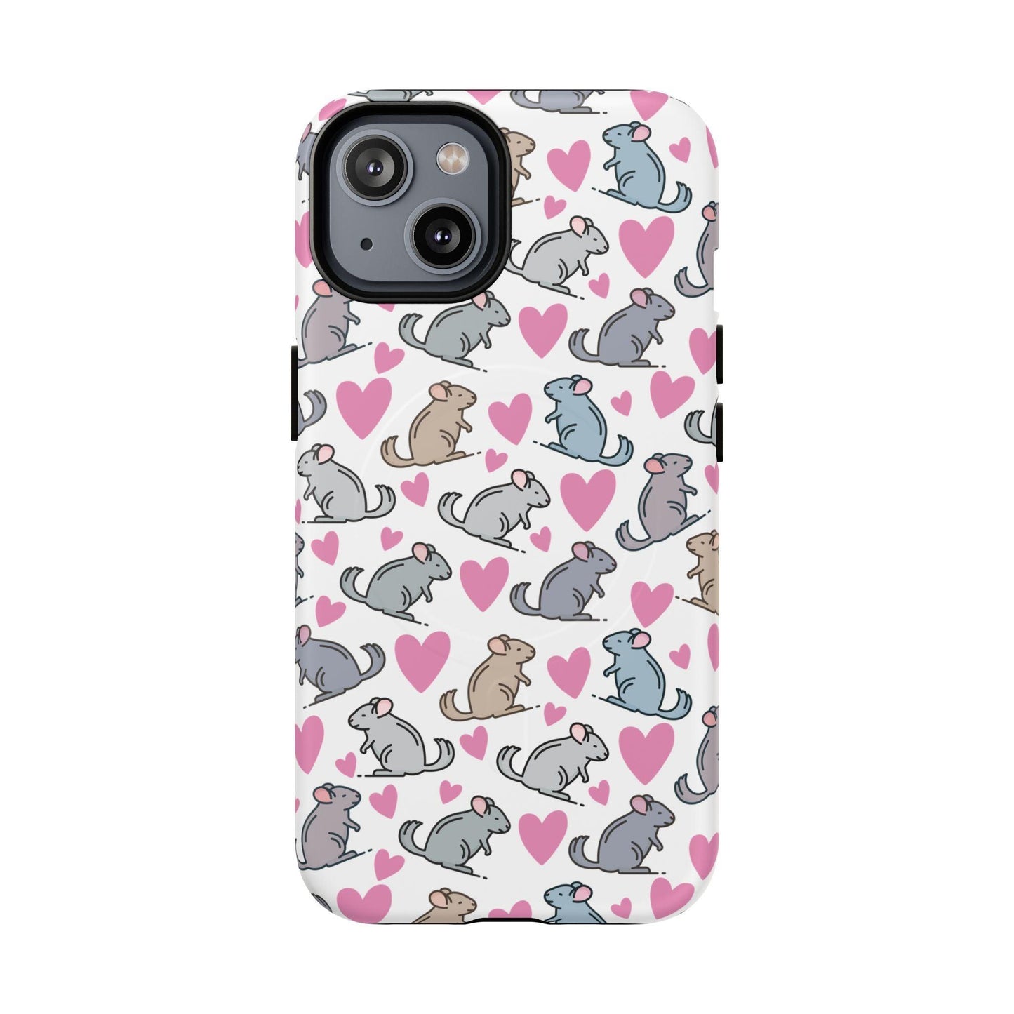iPhone Magnetic Case - Pink Love Hearts and Chinchilla Illustrations