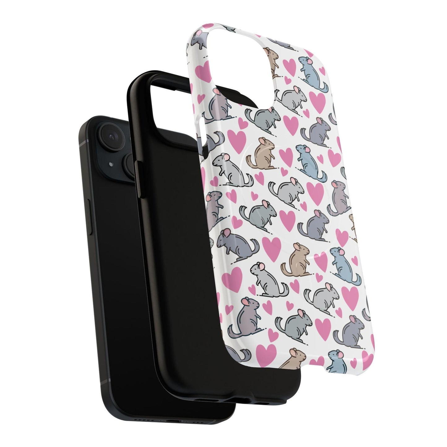 iPhone Magnetic Case - Pink Love Hearts and Chinchilla Illustrations