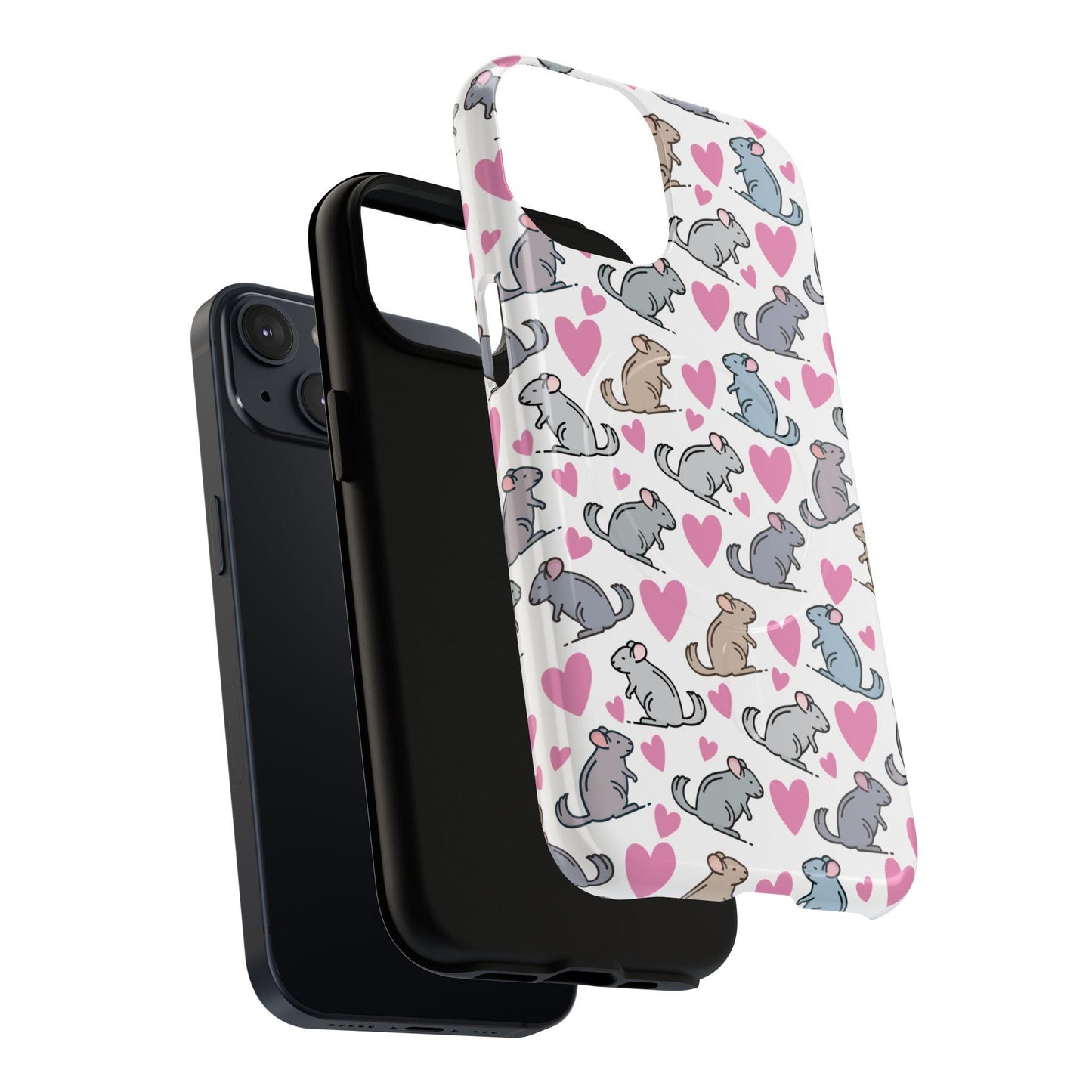 iPhone Magnetic Case - Pink Love Hearts and Chinchilla Illustrations