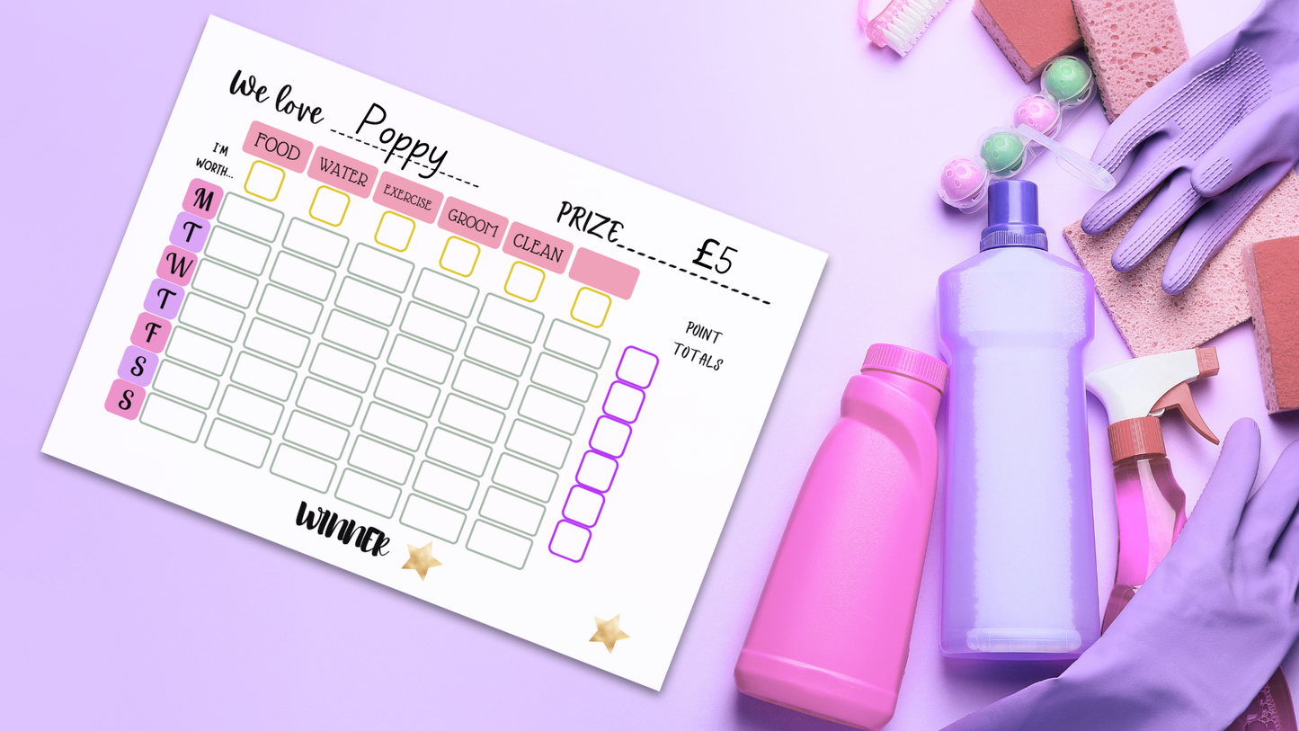 Girls’ Pet Chore Chart with Reward Points – Printable Weekly Responsibility Tracker