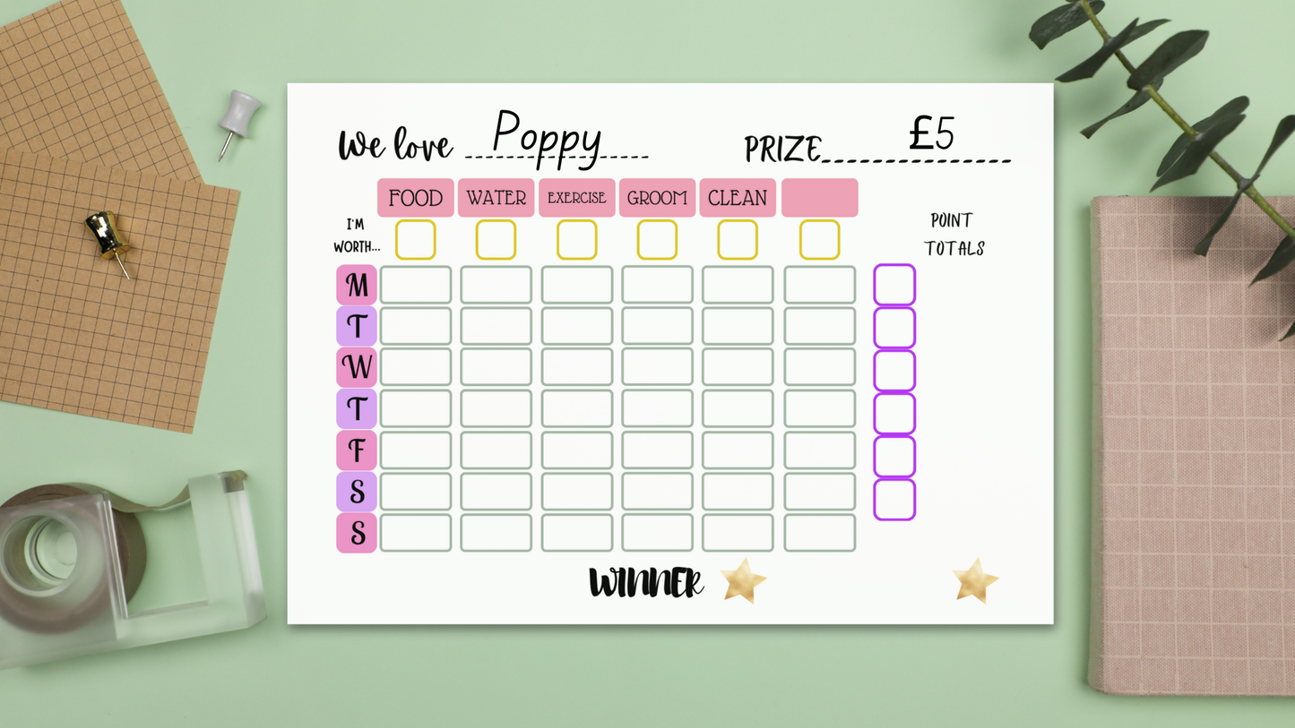 Girls’ Pet Chore Chart with Reward Points – Printable Weekly Responsibility Tracker