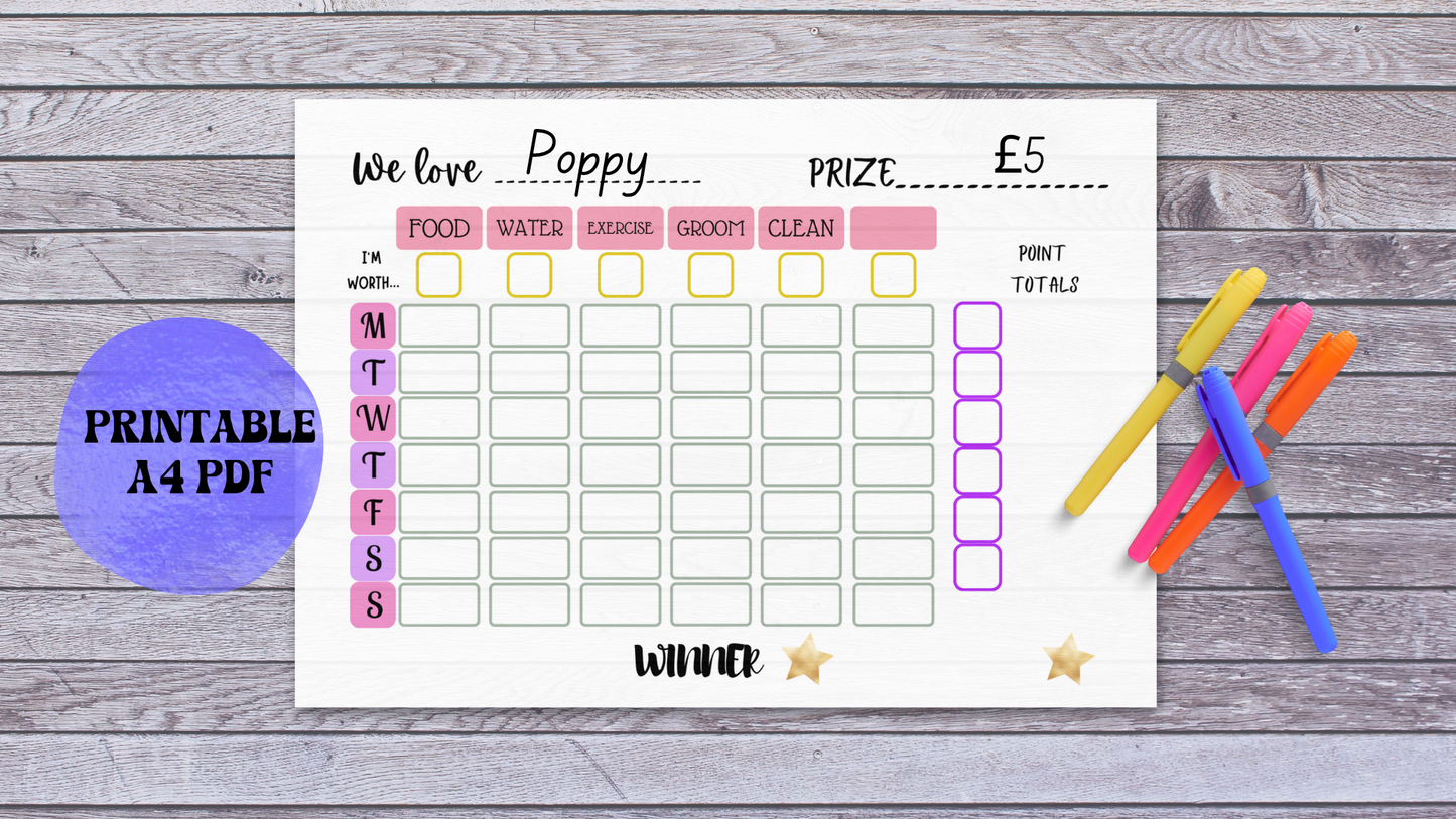 Girls’ Pet Chore Chart with Reward Points – Printable Weekly Responsibility Tracker